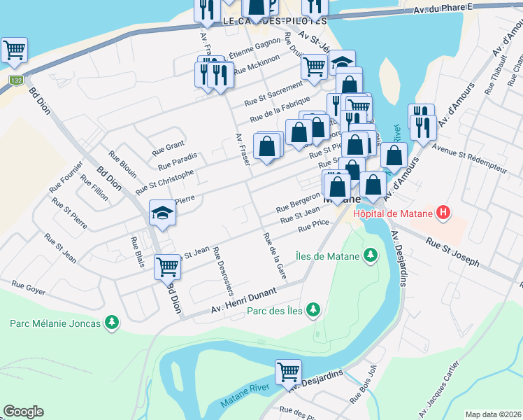 map of restaurants, bars, coffee shops, grocery stores, and more near 332 Rue de la Gare in Matane