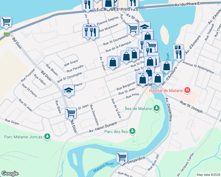 map of restaurants, bars, coffee shops, grocery stores, and more near 332 Rue de la Gare in Matane