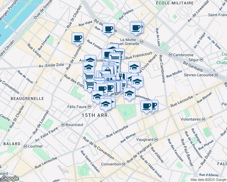 map of restaurants, bars, coffee shops, grocery stores, and more near 15 Rue Lakanal in Paris