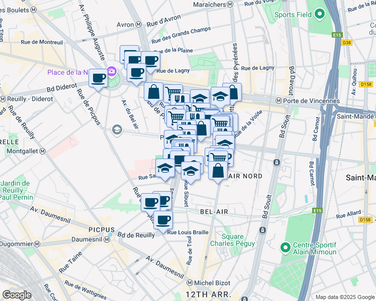 map of restaurants, bars, coffee shops, grocery stores, and more near 44 Rue Sibuet in Paris