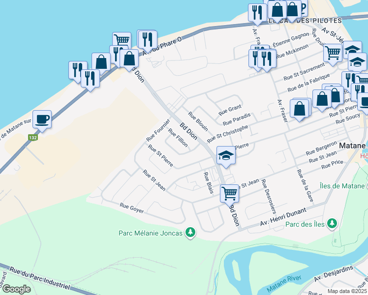 map of restaurants, bars, coffee shops, grocery stores, and more near 211 Rue Fillion in Matane