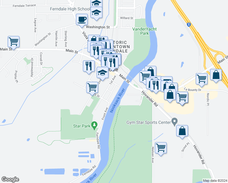 map of restaurants, bars, coffee shops, grocery stores, and more near 5623 Front Avenue in Ferndale