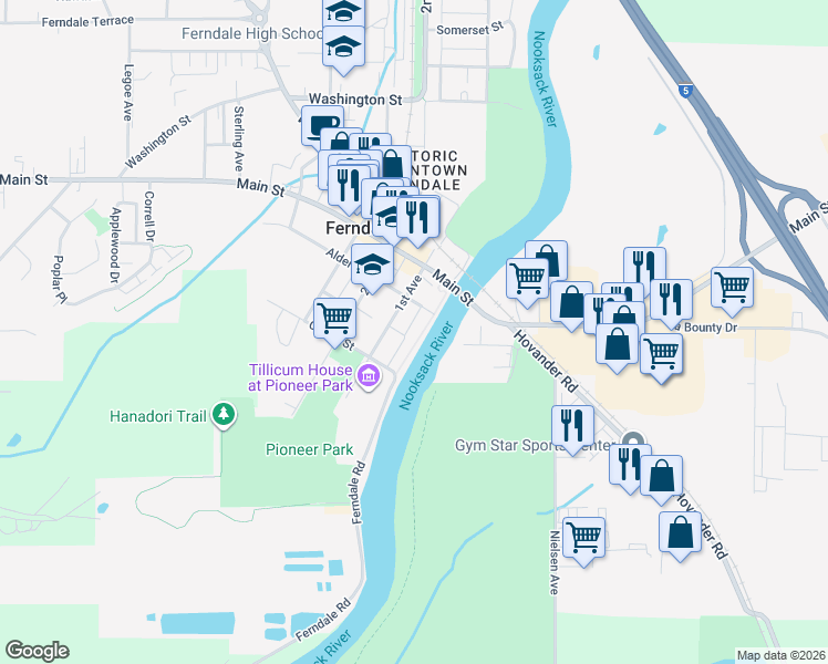 map of restaurants, bars, coffee shops, grocery stores, and more near 5623 Front Avenue in Ferndale