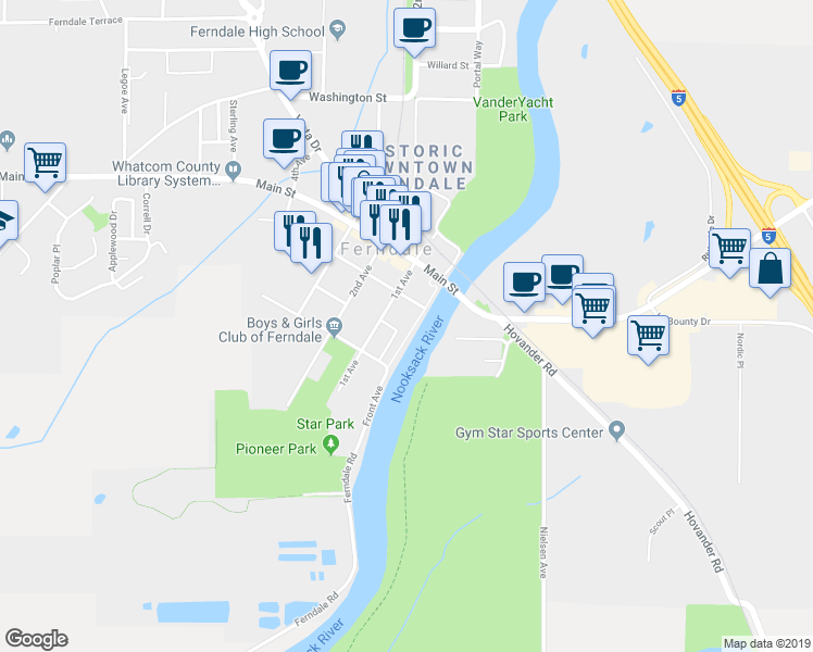 map of restaurants, bars, coffee shops, grocery stores, and more near 5623 Front Avenue in Ferndale
