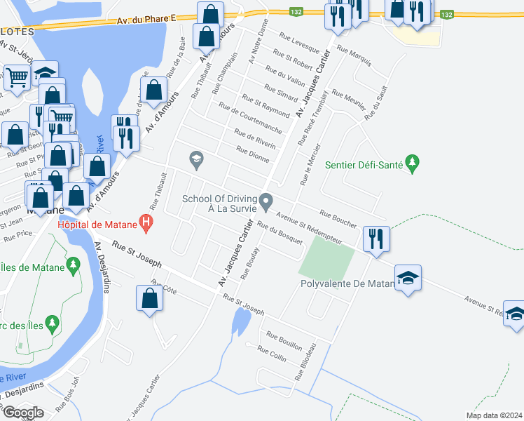 map of restaurants, bars, coffee shops, grocery stores, and more near 252 Rue du Bosquet in Matane