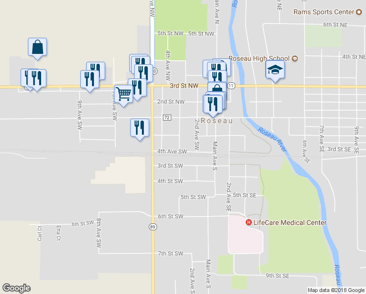map of restaurants, bars, coffee shops, grocery stores, and more near 208 3rd Avenue Southwest in Roseau
