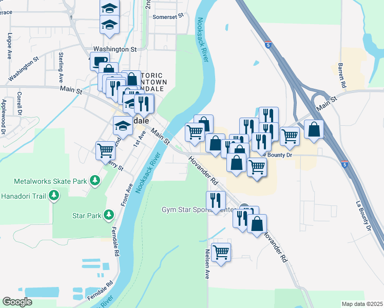 map of restaurants, bars, coffee shops, grocery stores, and more near Main Street in Ferndale