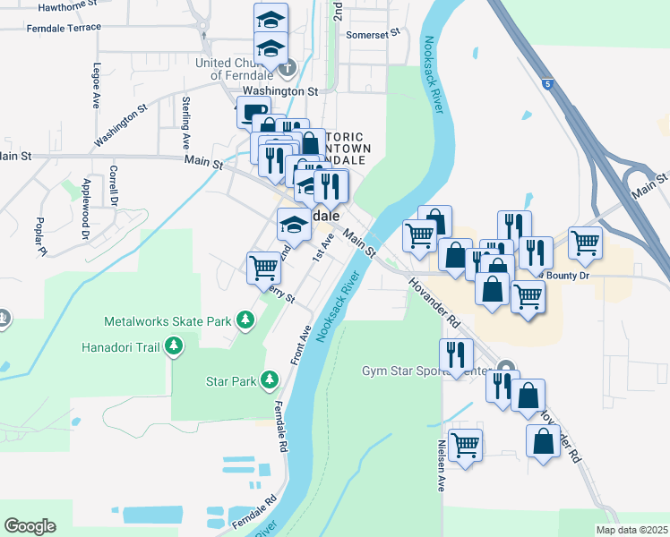 map of restaurants, bars, coffee shops, grocery stores, and more near 1991 Alder Street in Ferndale