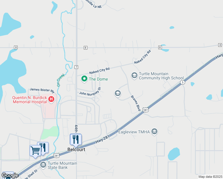 map of restaurants, bars, coffee shops, grocery stores, and more near 1 Hospital Road in Belcourt