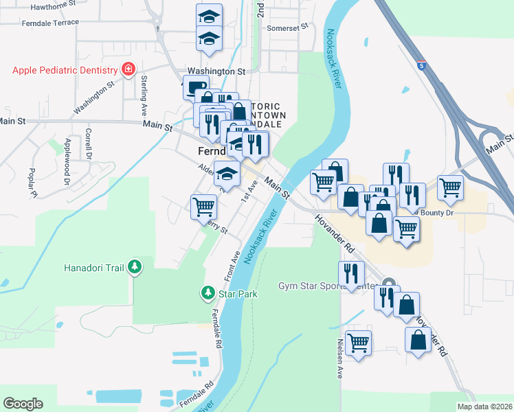 map of restaurants, bars, coffee shops, grocery stores, and more near 5623 Front Avenue in Ferndale