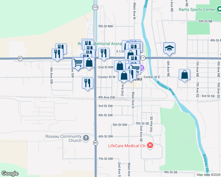 map of restaurants, bars, coffee shops, grocery stores, and more near 208 3rd Avenue Southwest in Roseau