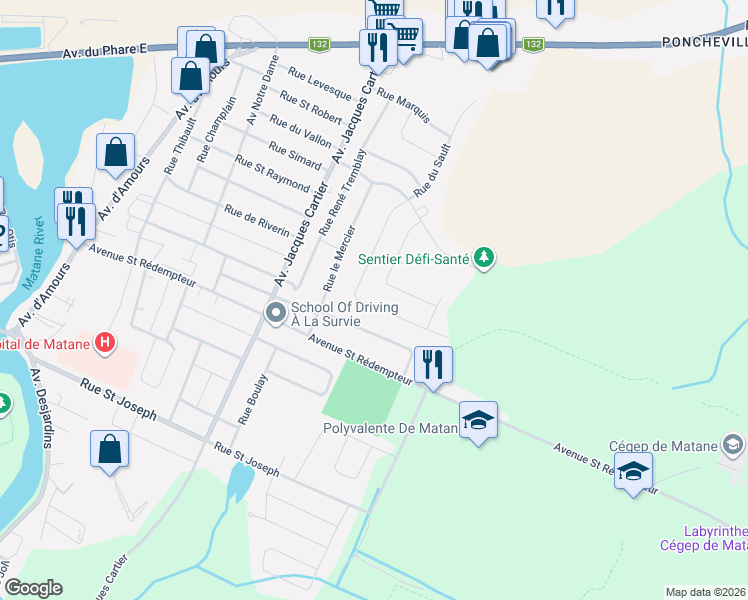 map of restaurants, bars, coffee shops, grocery stores, and more near 411 Rue du Sault in Matane