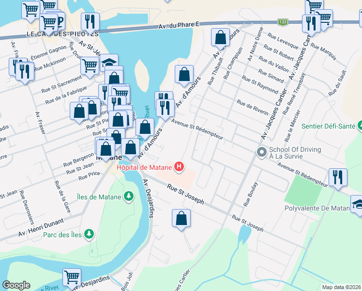 map of restaurants, bars, coffee shops, grocery stores, and more near 290 Rue Thibault in Matane