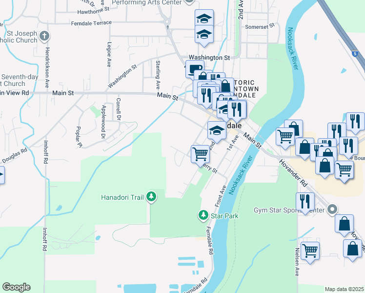 map of restaurants, bars, coffee shops, grocery stores, and more near 5625 3rd Avenue in Ferndale