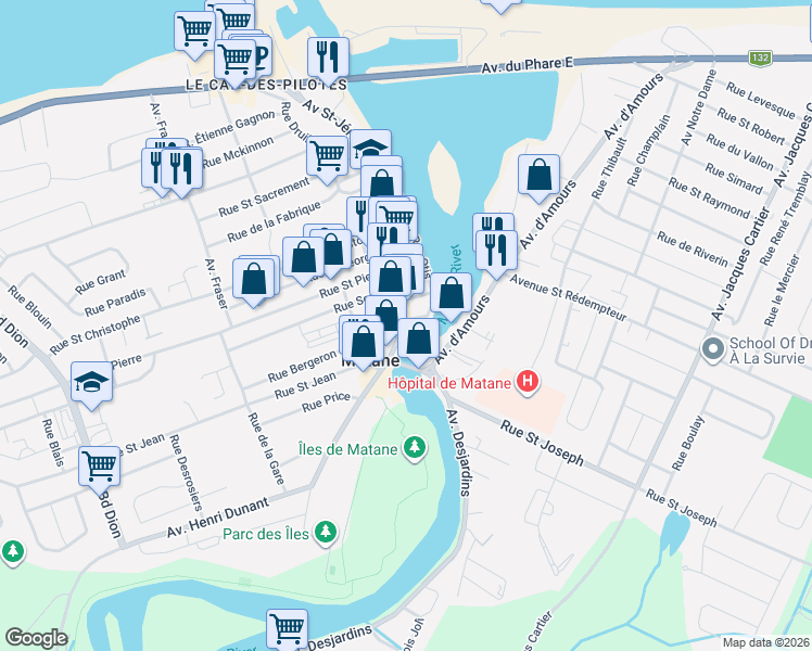map of restaurants, bars, coffee shops, grocery stores, and more near 322 Avenue Saint-Jérôme in Matane