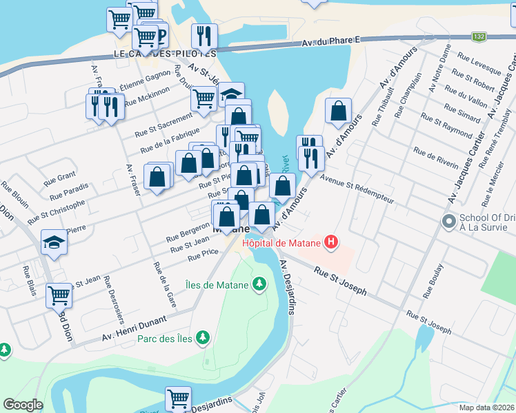 map of restaurants, bars, coffee shops, grocery stores, and more near 322 Avenue Saint-Jérôme in Matane