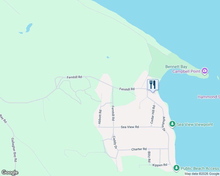 map of restaurants, bars, coffee shops, grocery stores, and more near Fernhill Road in Mayne Island