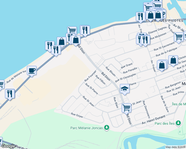 map of restaurants, bars, coffee shops, grocery stores, and more near 174 Rue Fillion in Matane