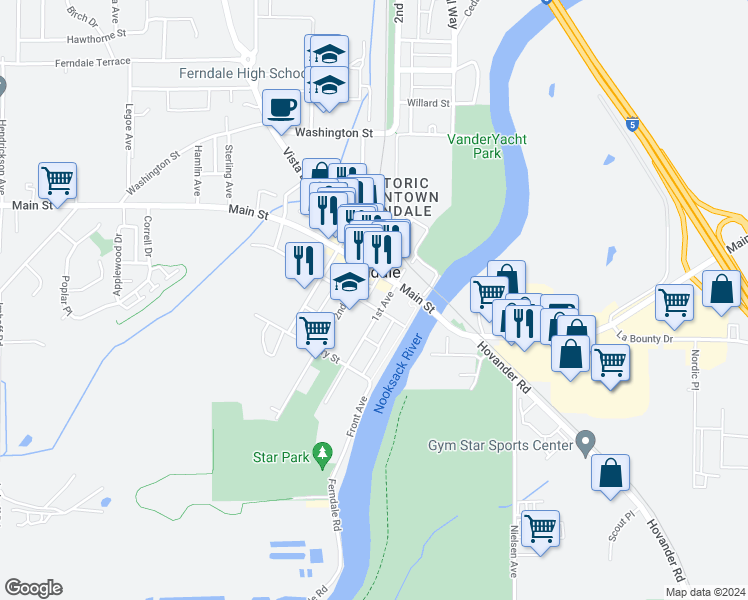 map of restaurants, bars, coffee shops, grocery stores, and more near in Ferndale