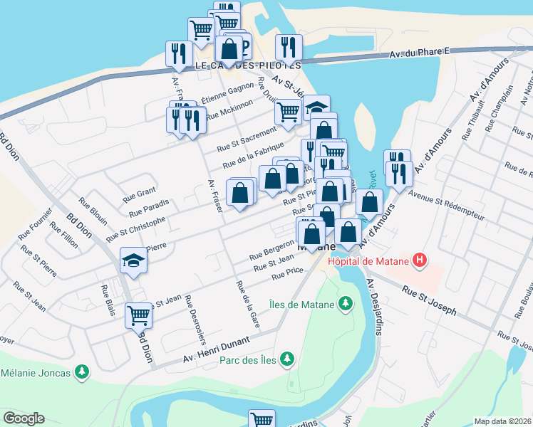 map of restaurants, bars, coffee shops, grocery stores, and more near 217 Rue Saint Pierre in Matane