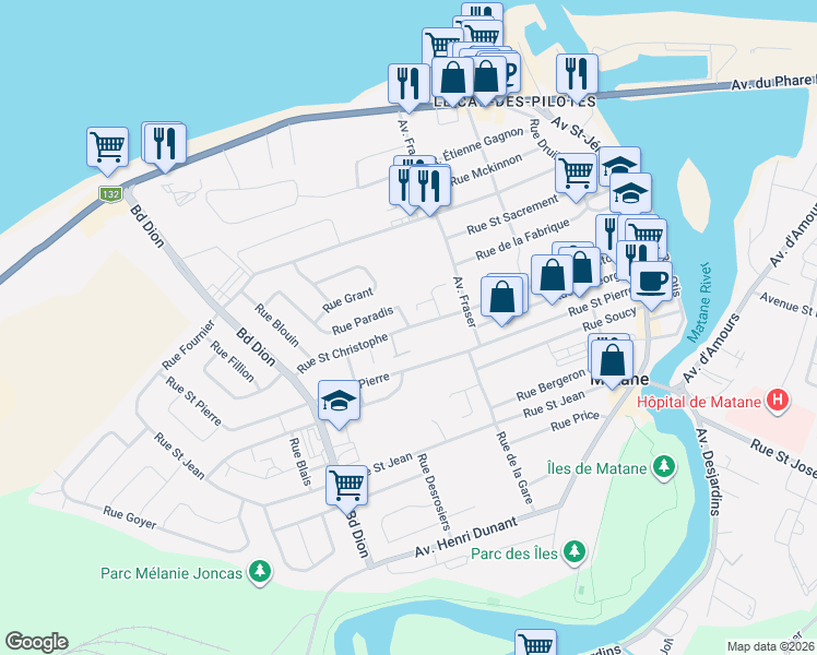 map of restaurants, bars, coffee shops, grocery stores, and more near 359 Rue Paradis in Matane
