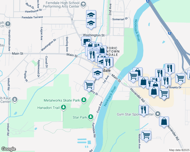 map of restaurants, bars, coffee shops, grocery stores, and more near 2035 Alder Street in Ferndale
