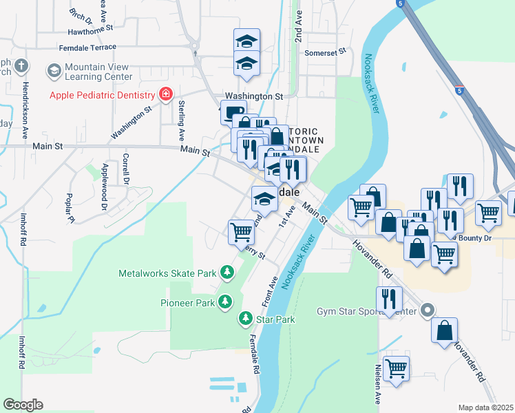 map of restaurants, bars, coffee shops, grocery stores, and more near 2030 Alder Street in Ferndale