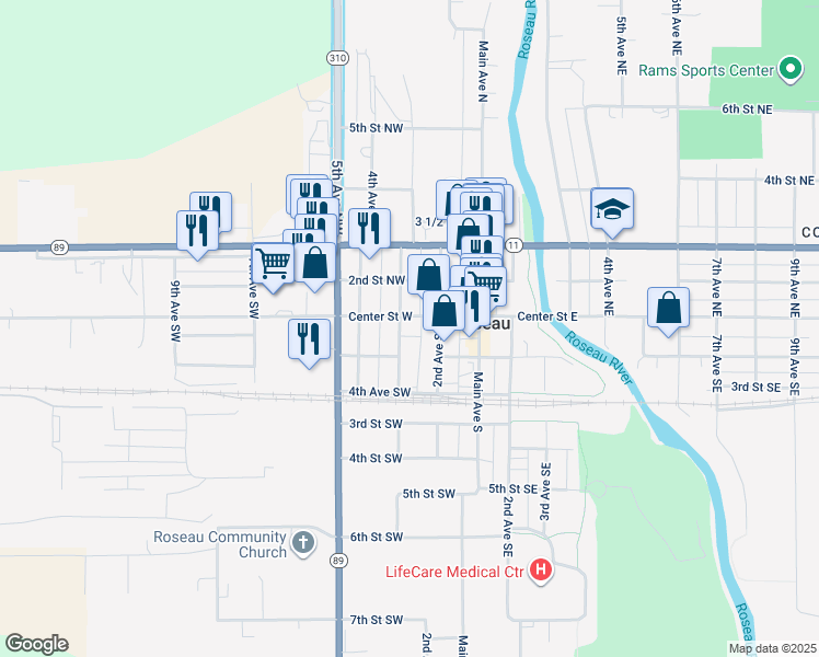 map of restaurants, bars, coffee shops, grocery stores, and more near 216 Center Street West in Roseau