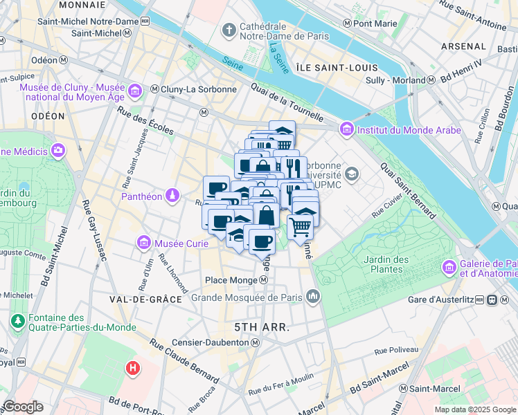 map of restaurants, bars, coffee shops, grocery stores, and more near 32 Rue Monge in Paris