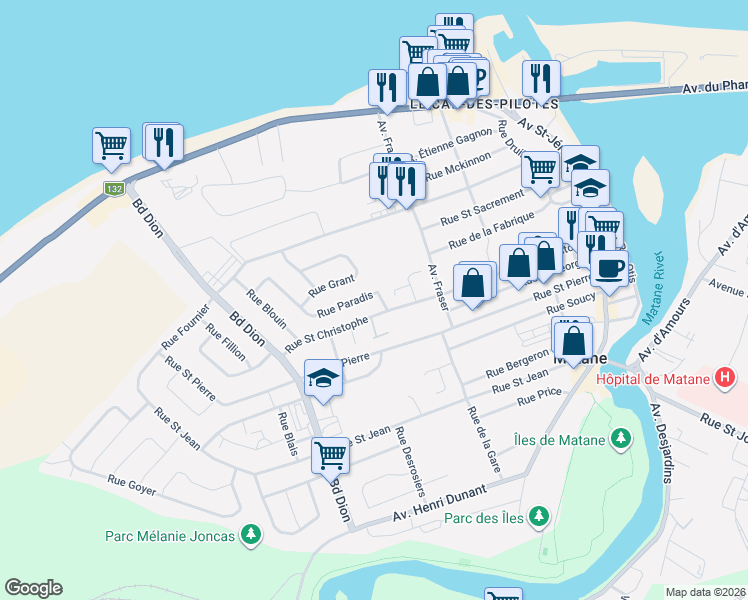 map of restaurants, bars, coffee shops, grocery stores, and more near 359 Rue Paradis in Matane
