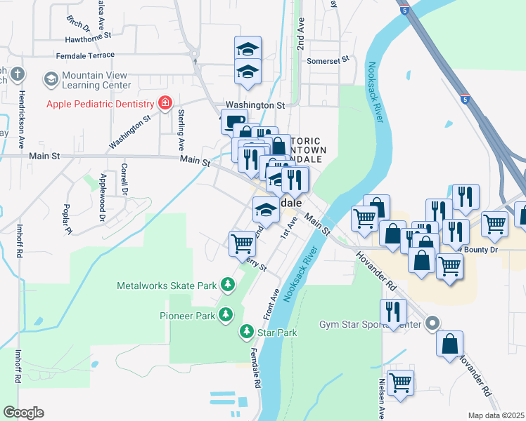 map of restaurants, bars, coffee shops, grocery stores, and more near 2030 Alder St in Ferndale