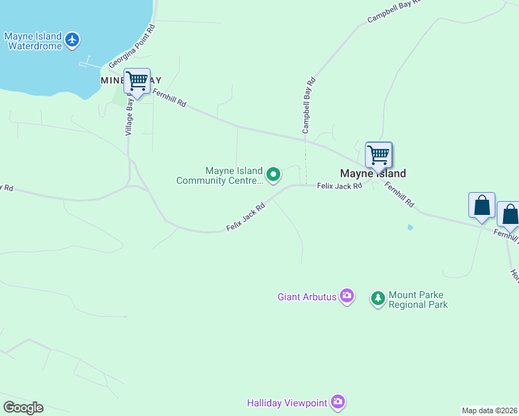 map of restaurants, bars, coffee shops, grocery stores, and more near Felix Jack Road in Mayne Island