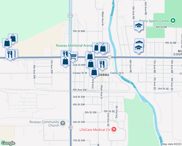 map of restaurants, bars, coffee shops, grocery stores, and more near 216 Center Street West in Roseau