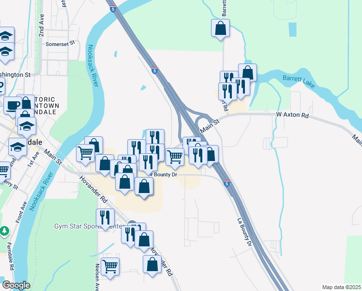 map of restaurants, bars, coffee shops, grocery stores, and more near Main Street in Ferndale