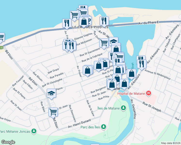 map of restaurants, bars, coffee shops, grocery stores, and more near 236 Rue Saint Georges in Matane