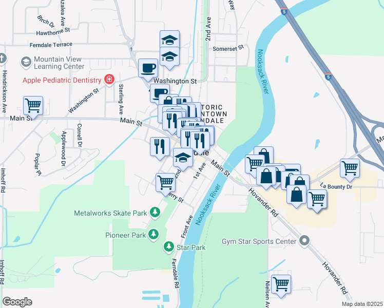 map of restaurants, bars, coffee shops, grocery stores, and more near 2023 Main Street in Ferndale