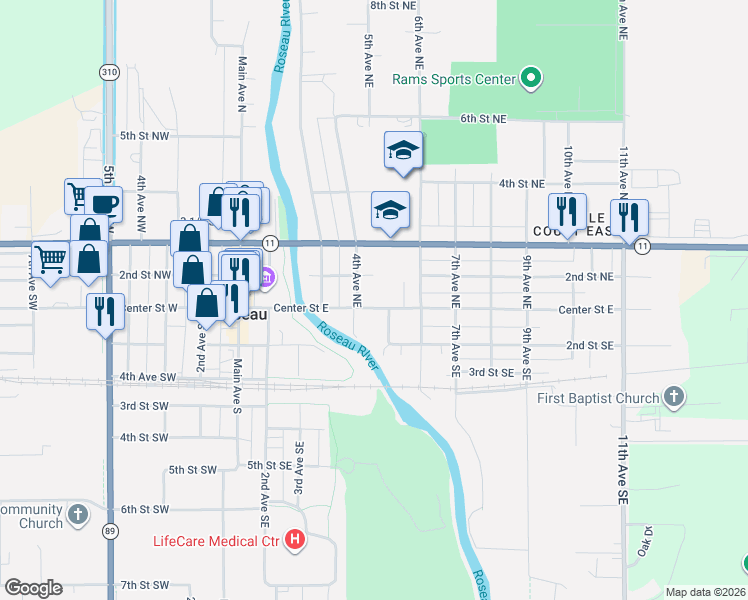 map of restaurants, bars, coffee shops, grocery stores, and more near 405 Center Street East in Roseau