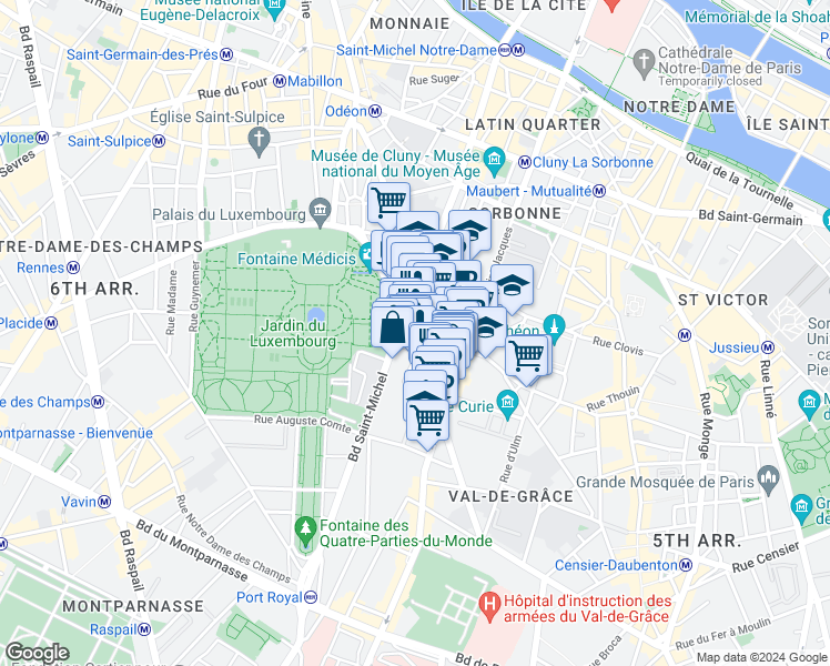 map of restaurants, bars, coffee shops, grocery stores, and more near 5 Rue Gay-Lussac in Paris