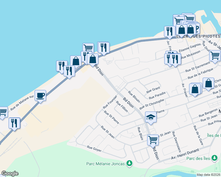 map of restaurants, bars, coffee shops, grocery stores, and more near 147 Boulevard Dion in Matane