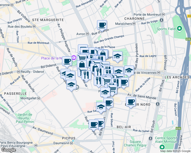 map of restaurants, bars, coffee shops, grocery stores, and more near 67 Boulevard de Picpus in Paris