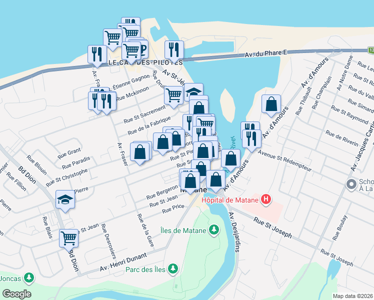 map of restaurants, bars, coffee shops, grocery stores, and more near 132 Rue Saint Pierre in Matane