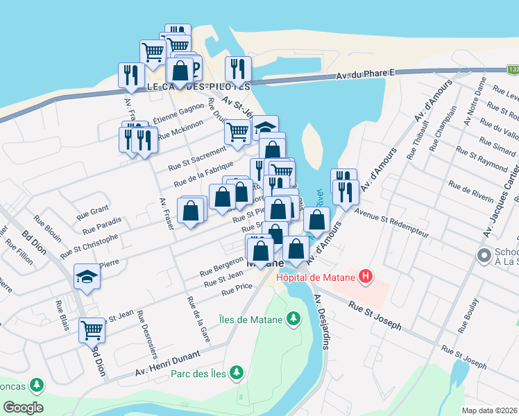 map of restaurants, bars, coffee shops, grocery stores, and more near 132 Rue Saint Pierre in Matane