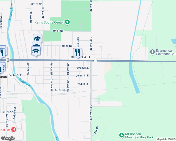 map of restaurants, bars, coffee shops, grocery stores, and more near 1104 3rd Street Northeast in Roseau
