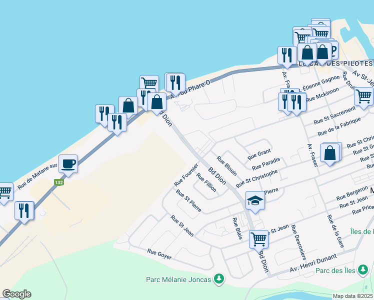 map of restaurants, bars, coffee shops, grocery stores, and more near 147 Boulevard Dion in Matane