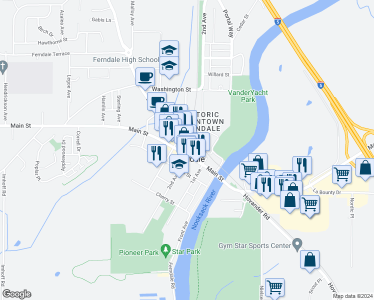 map of restaurants, bars, coffee shops, grocery stores, and more near 2030 Vista Drive in Ferndale