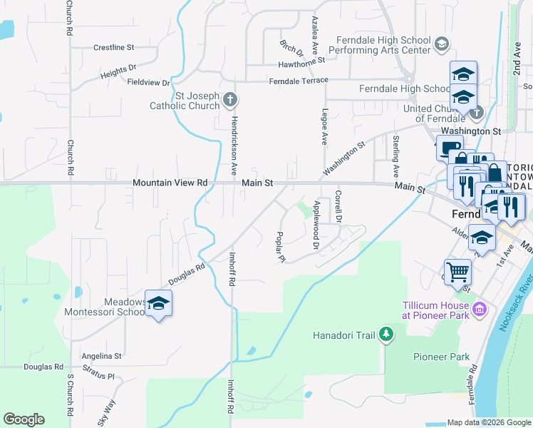 map of restaurants, bars, coffee shops, grocery stores, and more near 2272 Douglas Road in Ferndale