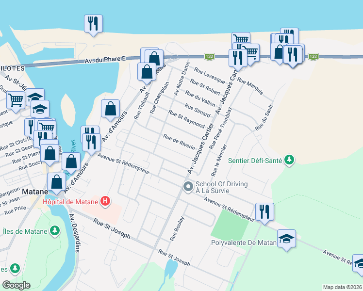 map of restaurants, bars, coffee shops, grocery stores, and more near 211 Rue de Riverin in Matane