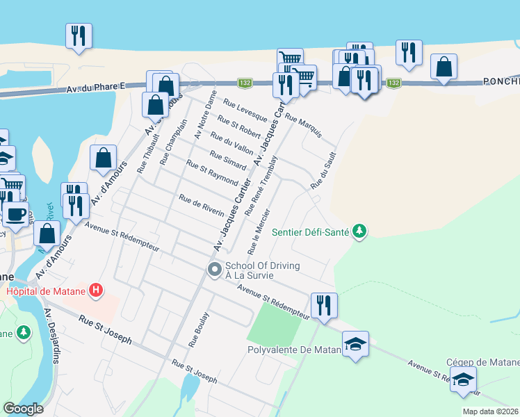 map of restaurants, bars, coffee shops, grocery stores, and more near 177 Rue René Tremblay in Matane