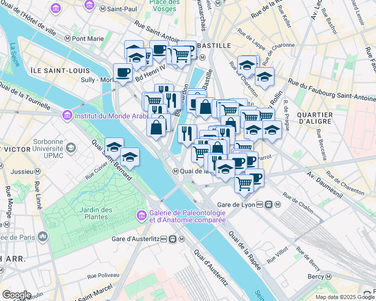 map of restaurants, bars, coffee shops, grocery stores, and more near 10 Boulevard de la Bastille in Paris