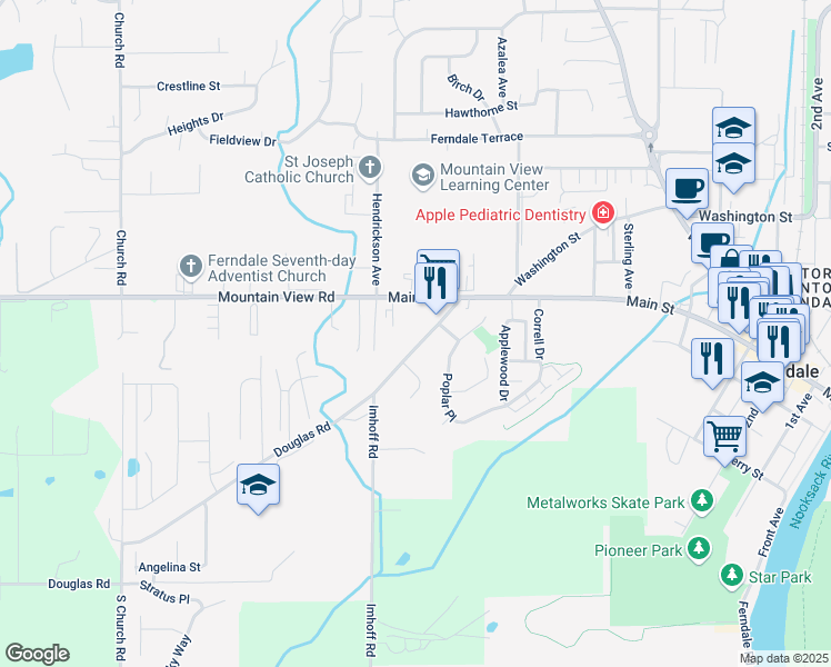 map of restaurants, bars, coffee shops, grocery stores, and more near 2272 Douglas Road in Ferndale
